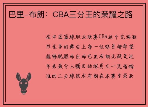 巴里-布朗：CBA三分王的荣耀之路