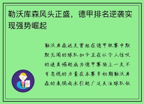 勒沃库森风头正盛，德甲排名逆袭实现强势崛起